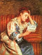 Mary Cassatt Mrs Duffee Seated on a Striped Sofa, Reading oil on canvas